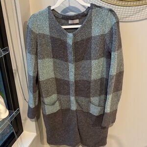 Cozy Plaid Open-Front Long Cardigan Sweater - Mint & Gray